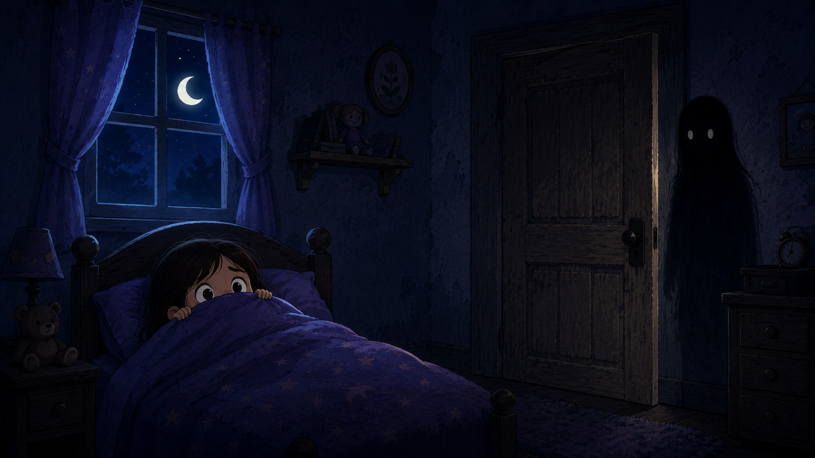 A black shadow near an old wooden door at night