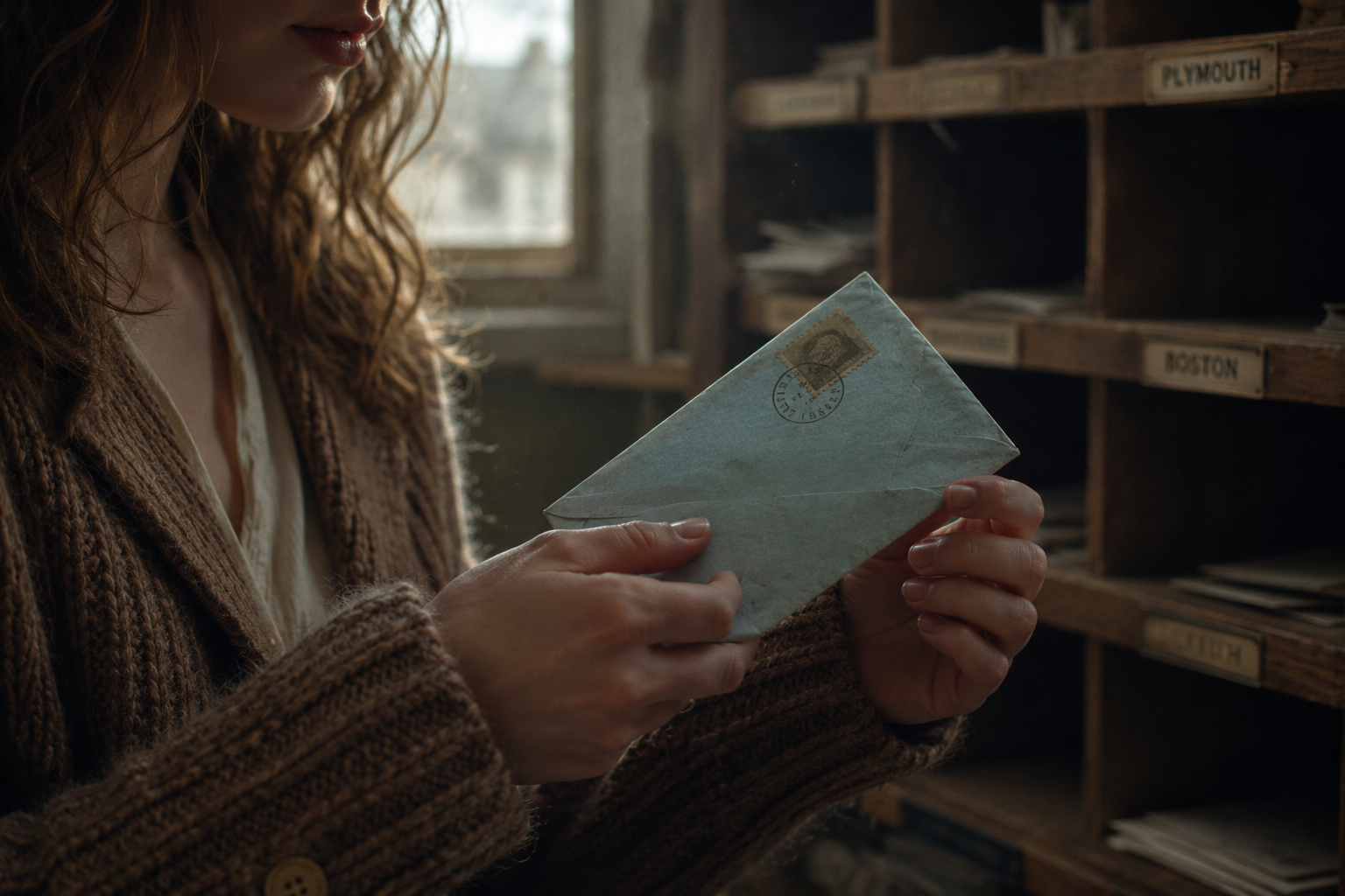 Sara finds an old blue envelope with her own handwriting at the Milbrook post office