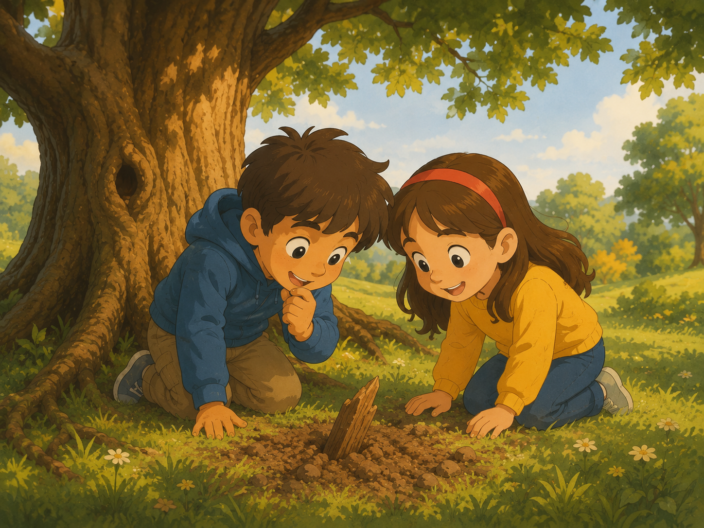 Omar and Layla looking at a wooden box buried under the old oak tree in the park