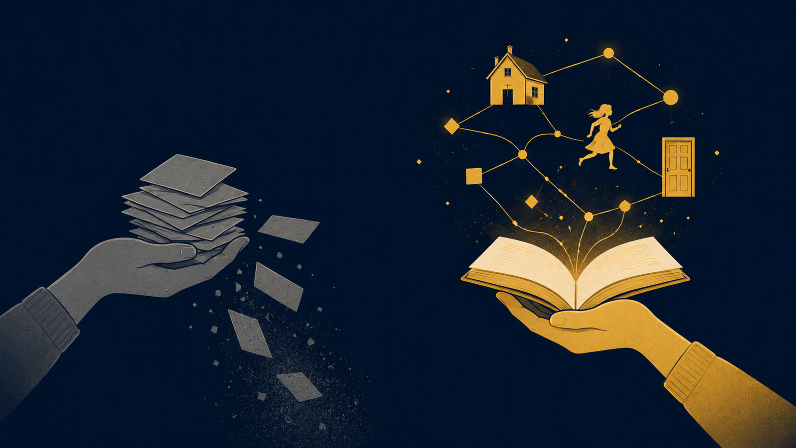 A brain illustration connected to storybook pages showing how stories build vocabulary memory