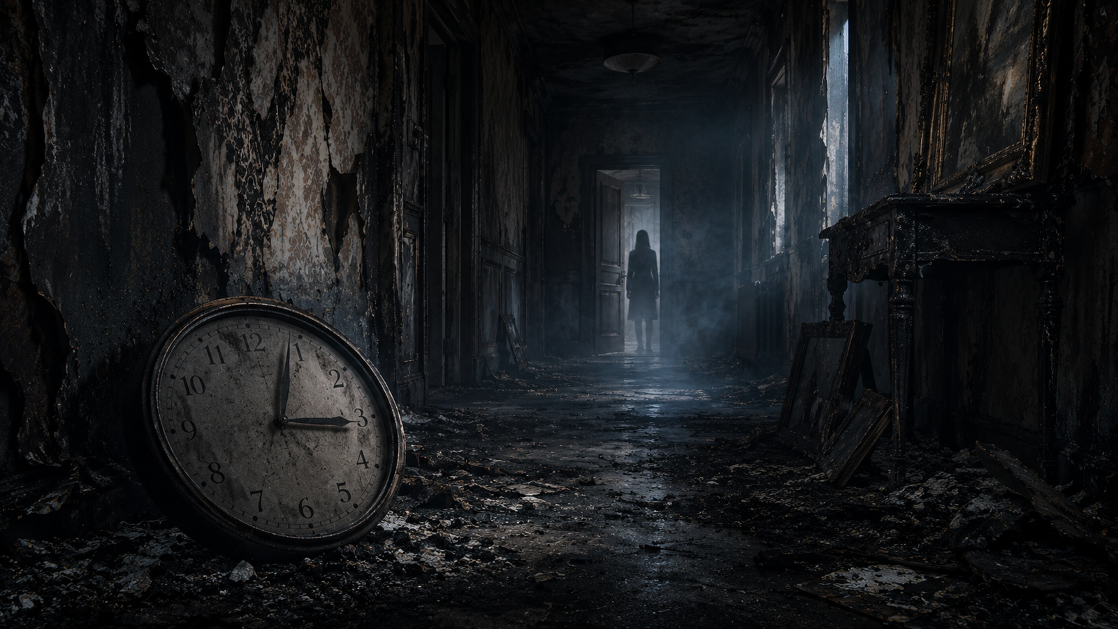 Burnt seventh floor hallway frozen in time with a half-open door and a shadow