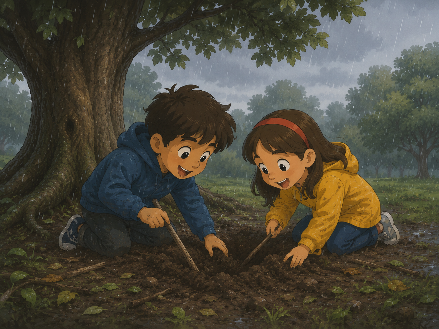 Omar and Layla digging the wooden box out of the wet ground in the rain