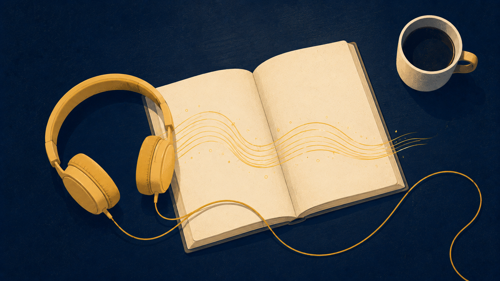 Headphones and an open book side by side showing reading while listening technique