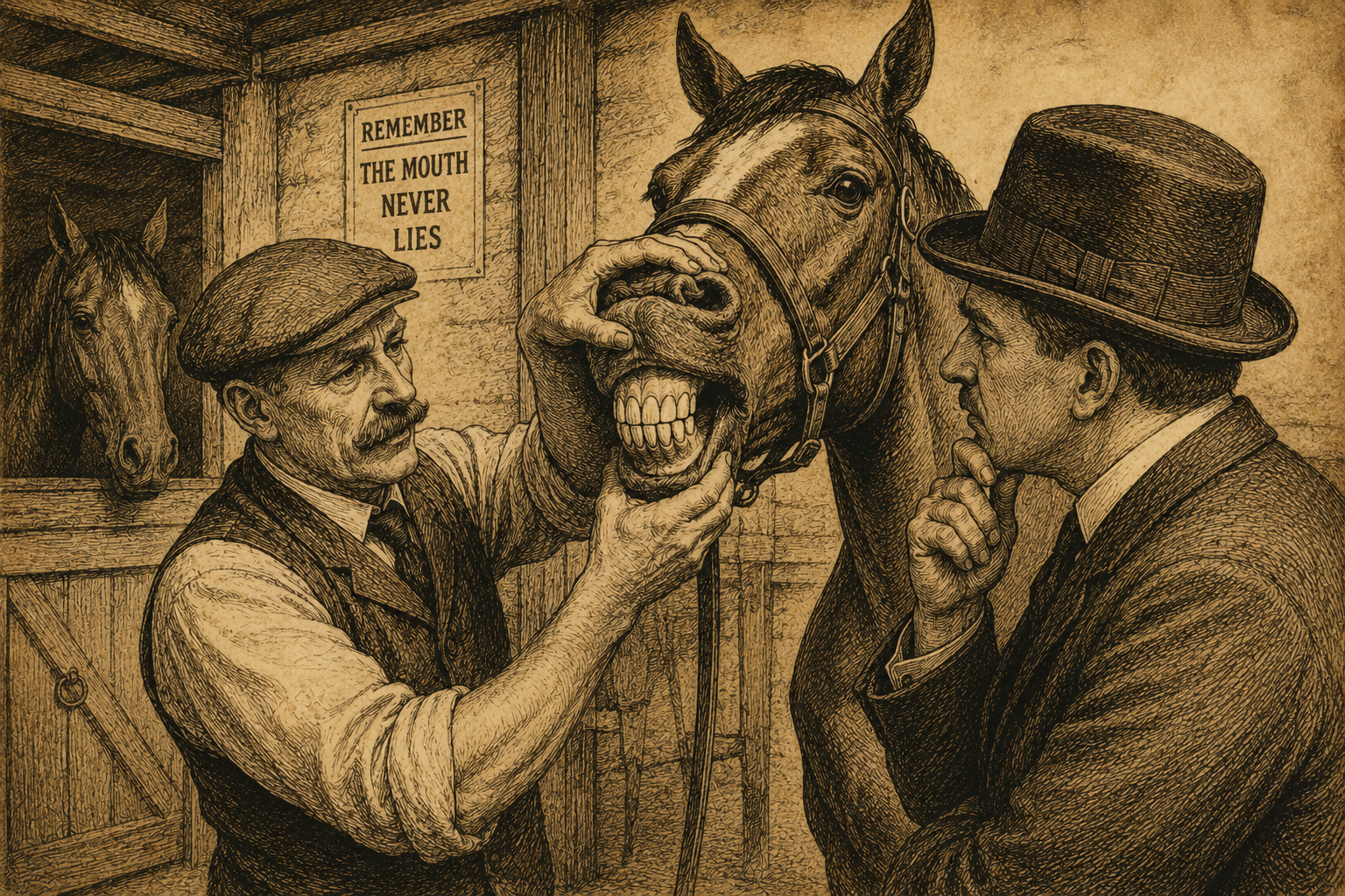 Old-fashioned horse trader examining a horse's teeth at a market, representing the popular myth about the idiom