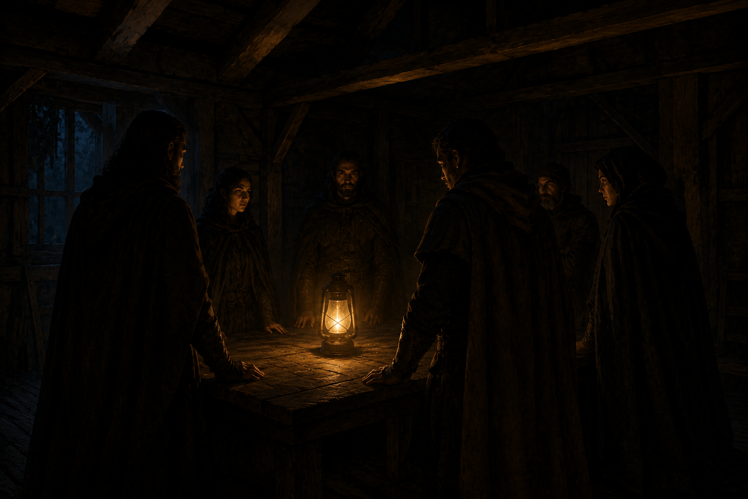 Keepers gathered in a dim hall discussing the vigil lantern in the fantasy story The Keeper of Borrowed Light