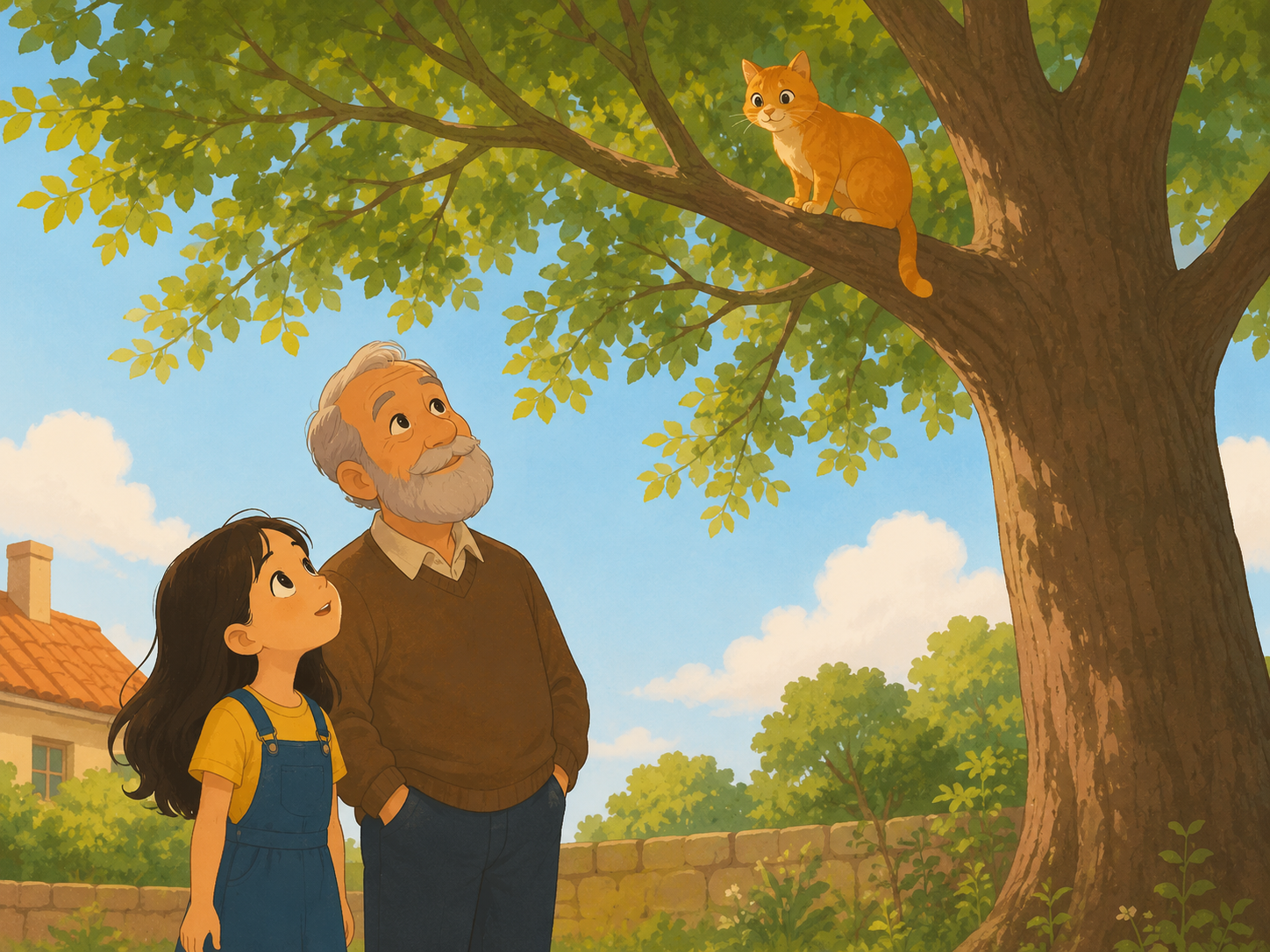 Lina and her mother talking to neighbor Mr. Ahmad about the lost orange cat