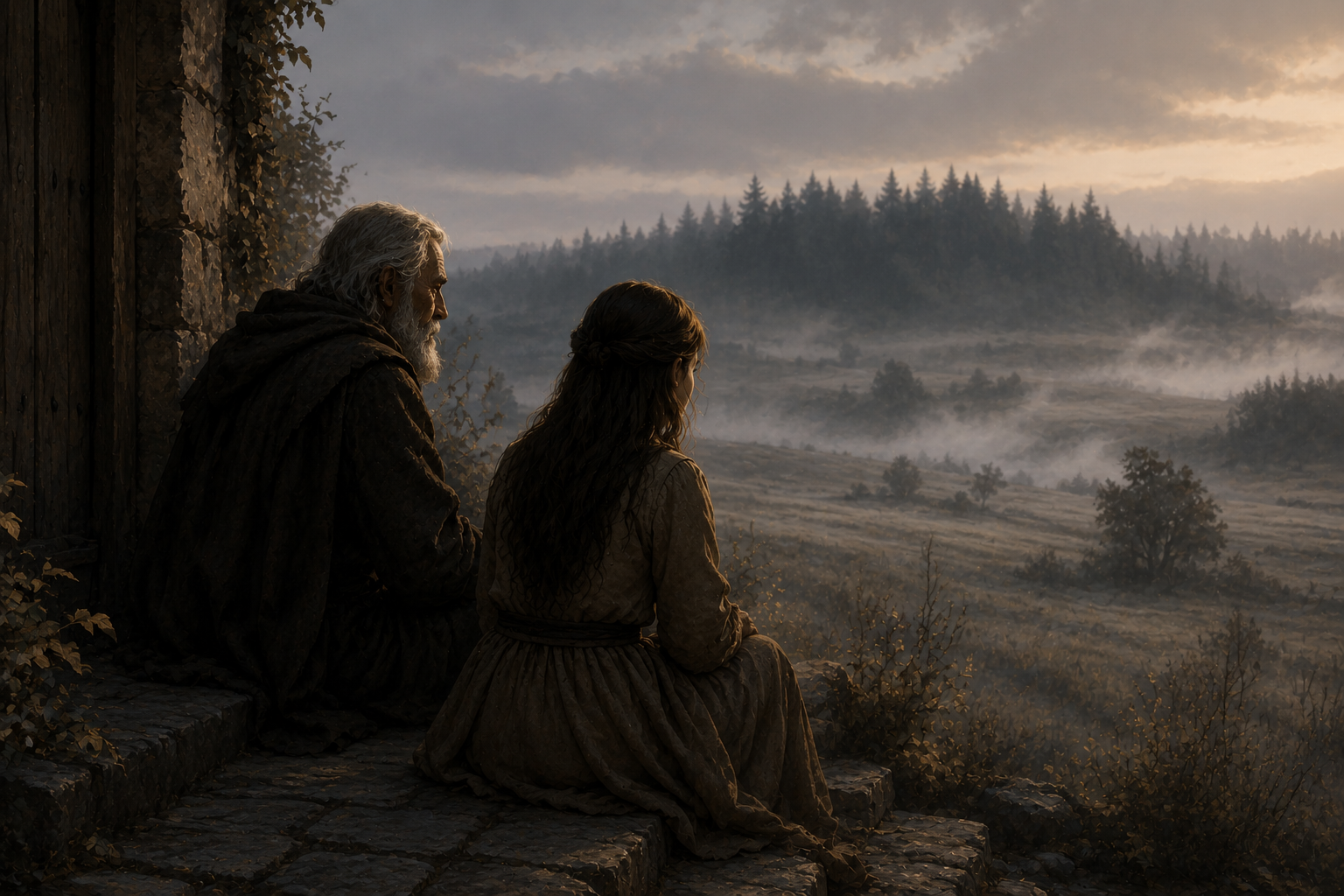 Master Ilyas sitting with Selin outside the Keep discussing memory and sacrifice