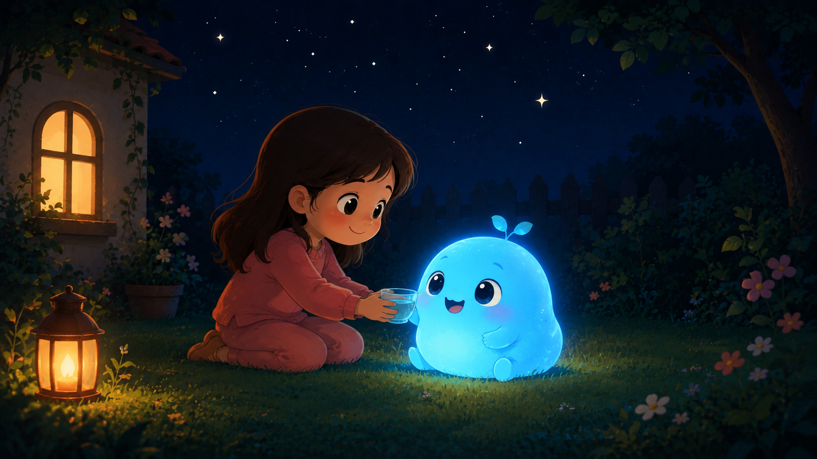 Mia sits with the small glowing blue creature named Pip in the garden