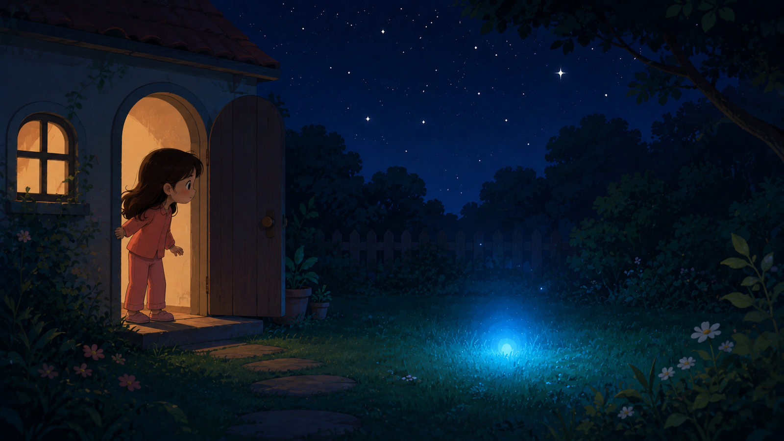 Mia walks toward a soft blue glowing light in her garden at night