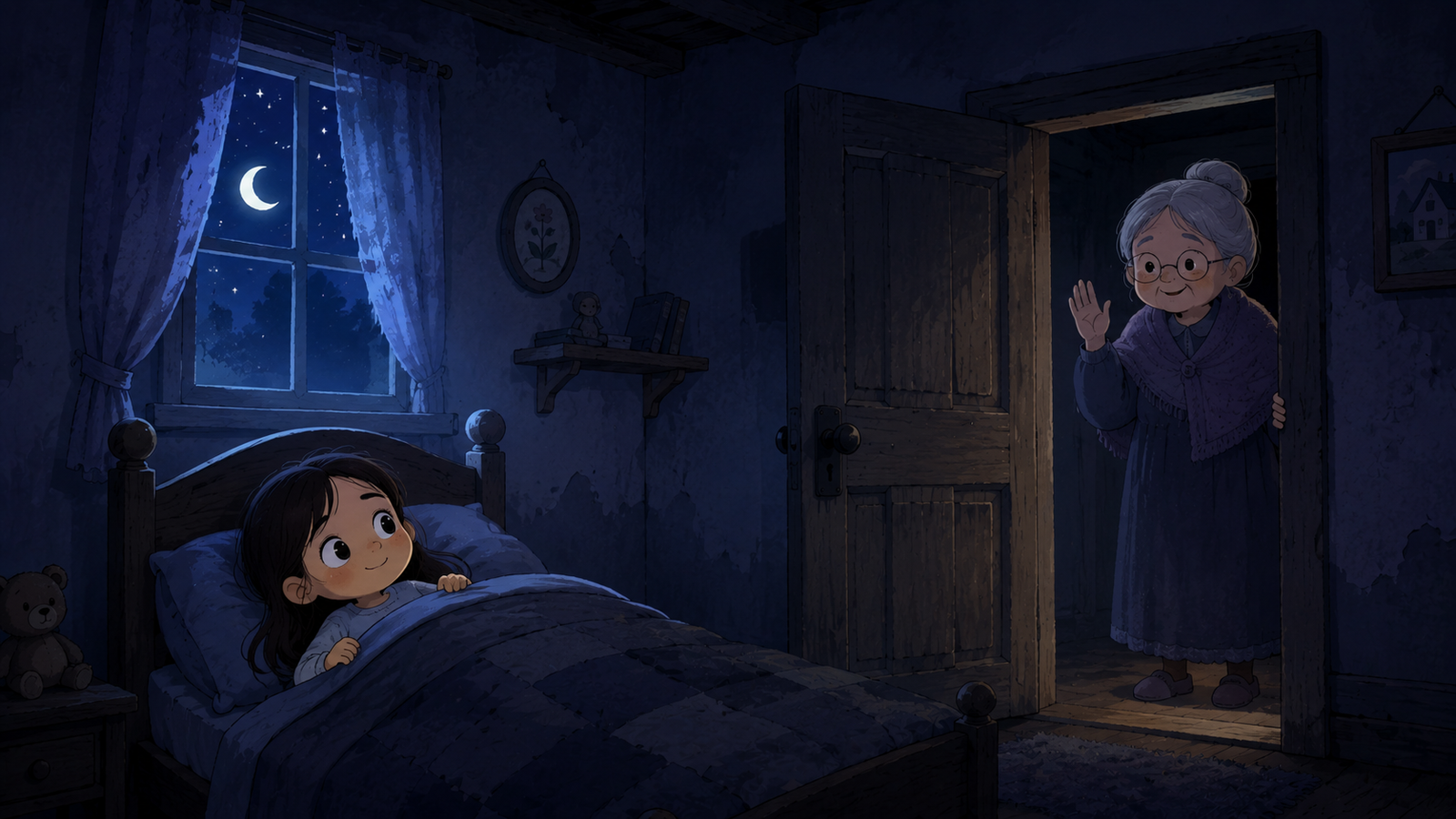 A small dark bedroom in an old house with a wooden door beside the bed