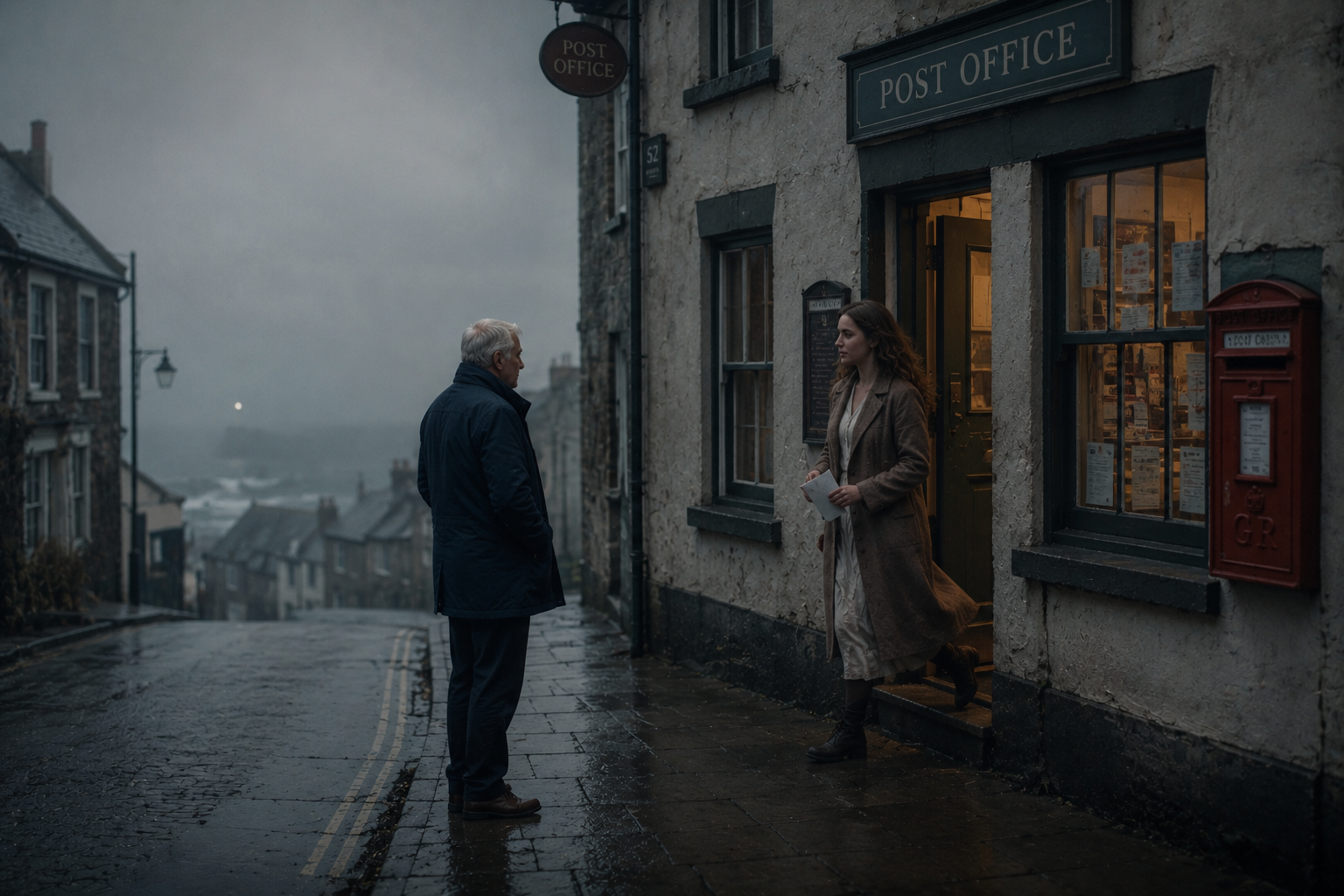 An old man in a blue coat walking past the post office window