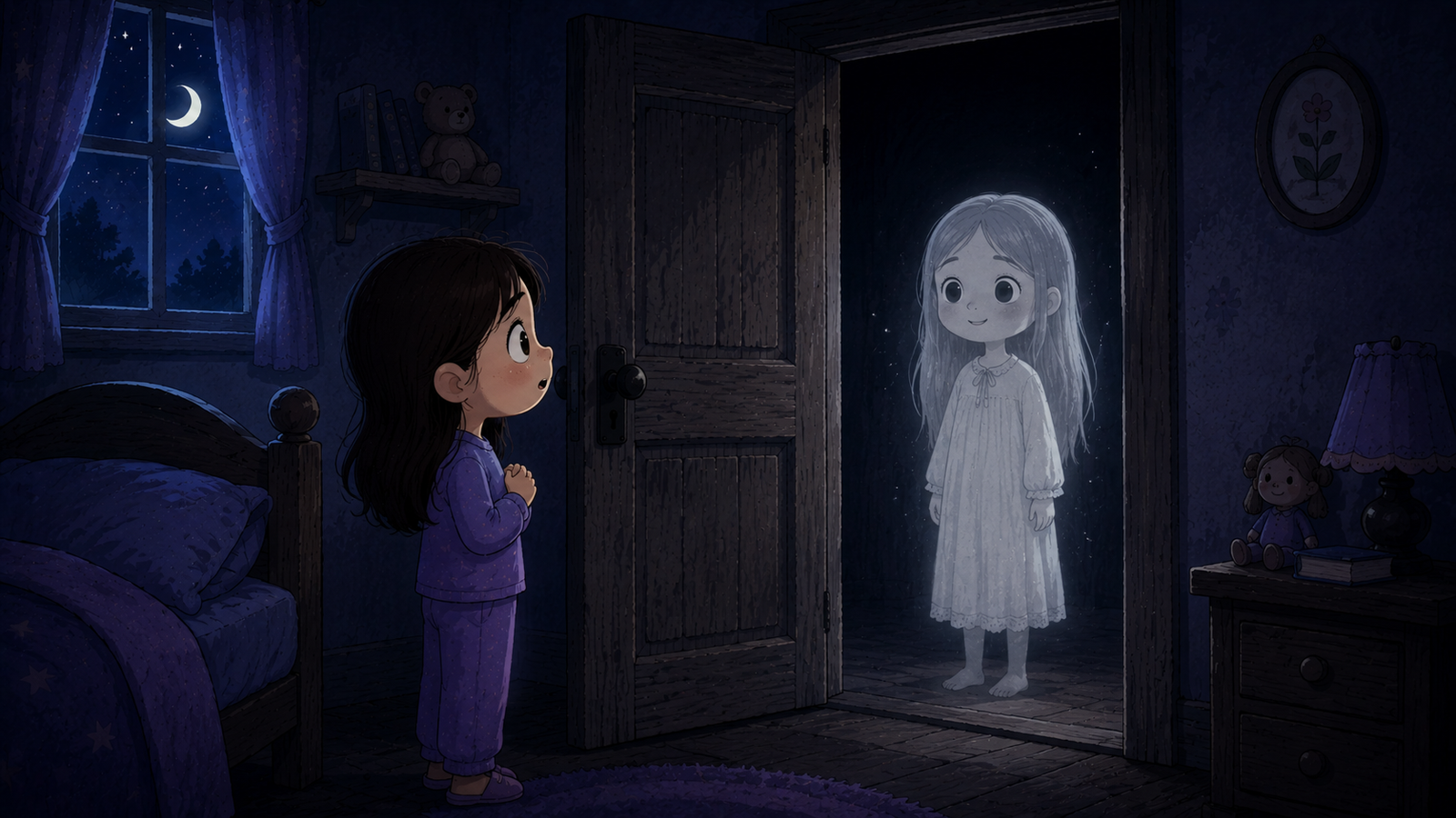 A pale girl in a white dress standing behind an open door