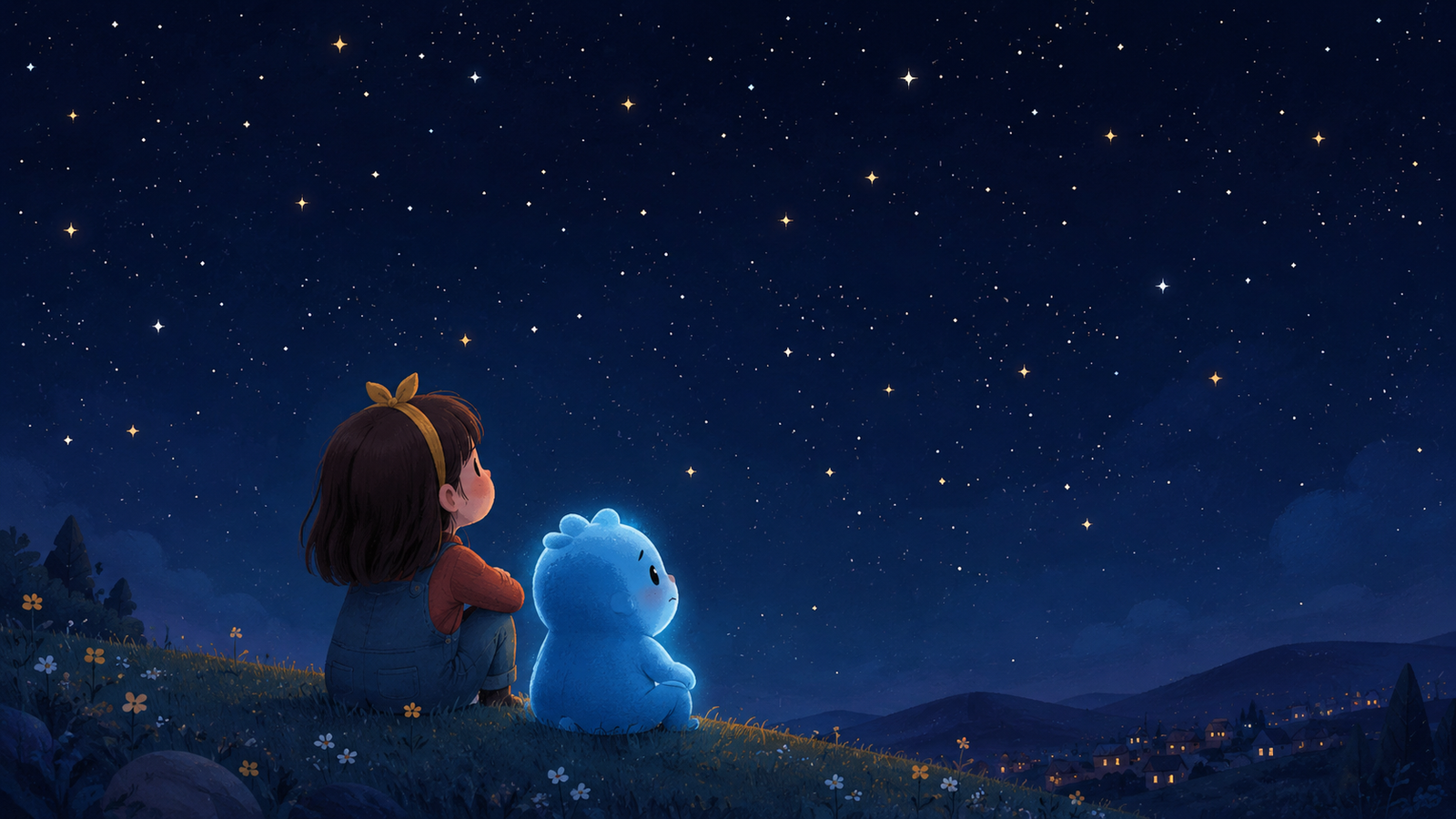 Pip the little star creature looks up sadly at the bright night sky