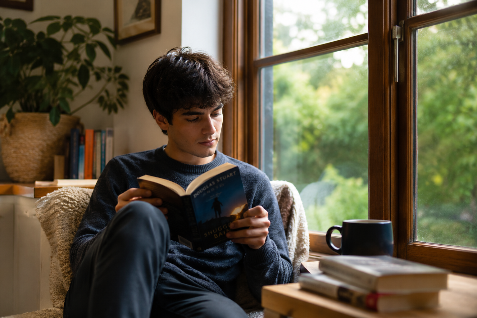 A person reading an English graded reader book at a cozy desk