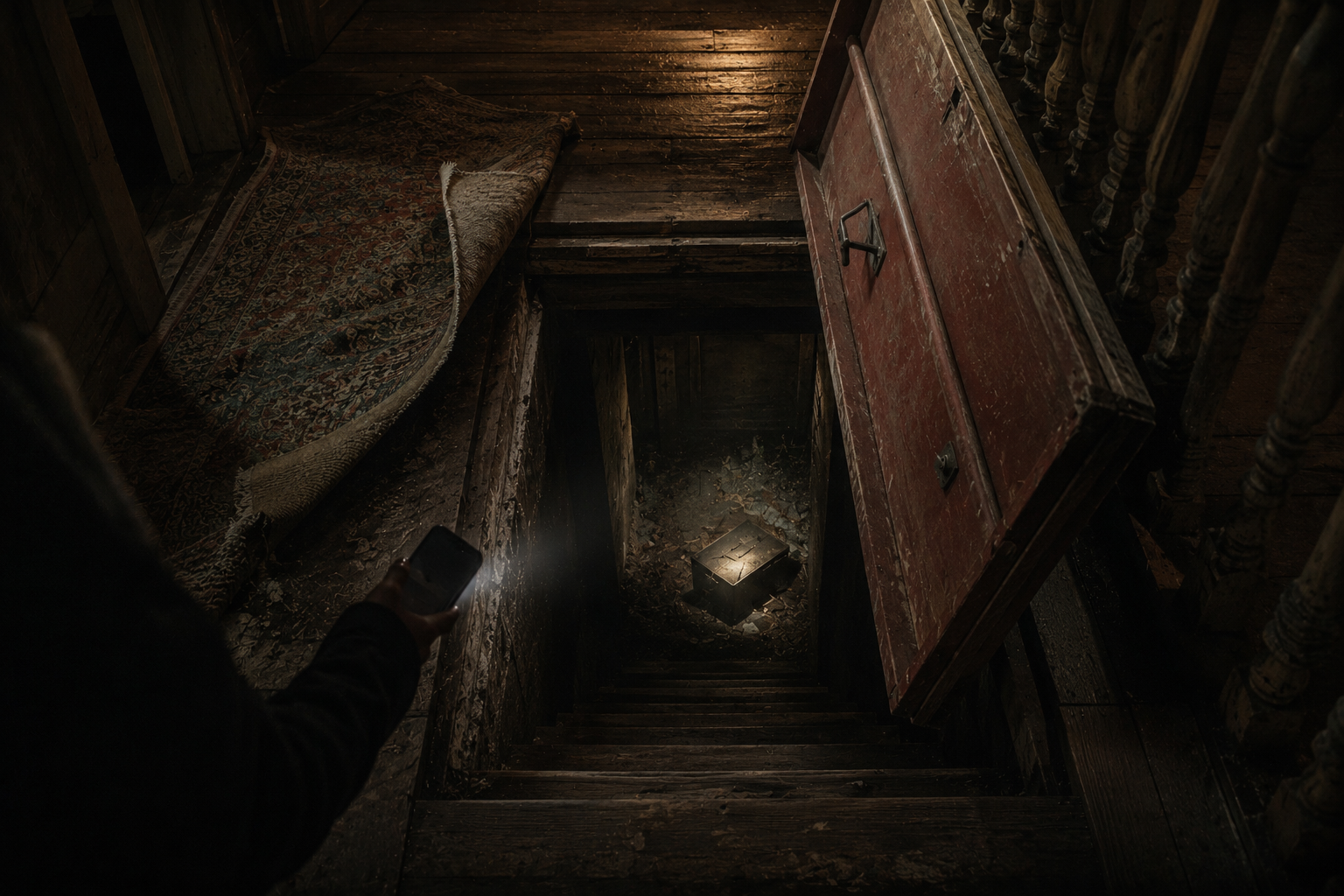 A red cellar door hidden under an old carpet in the house