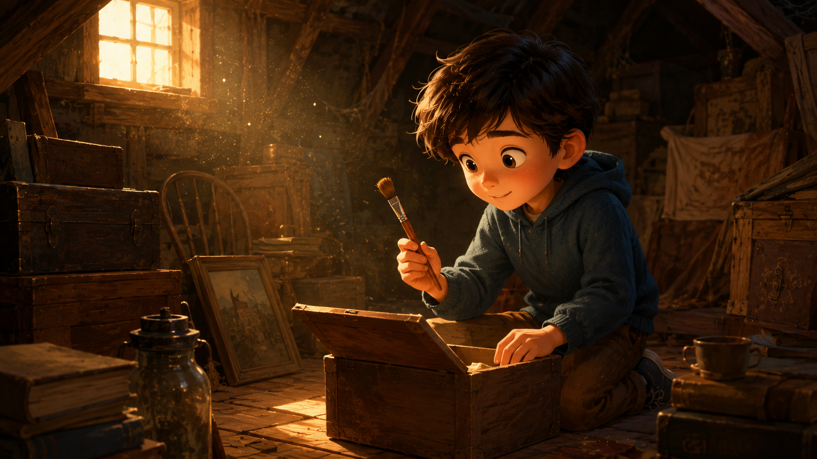 Sam finding an old magic paintbrush in a dusty attic
