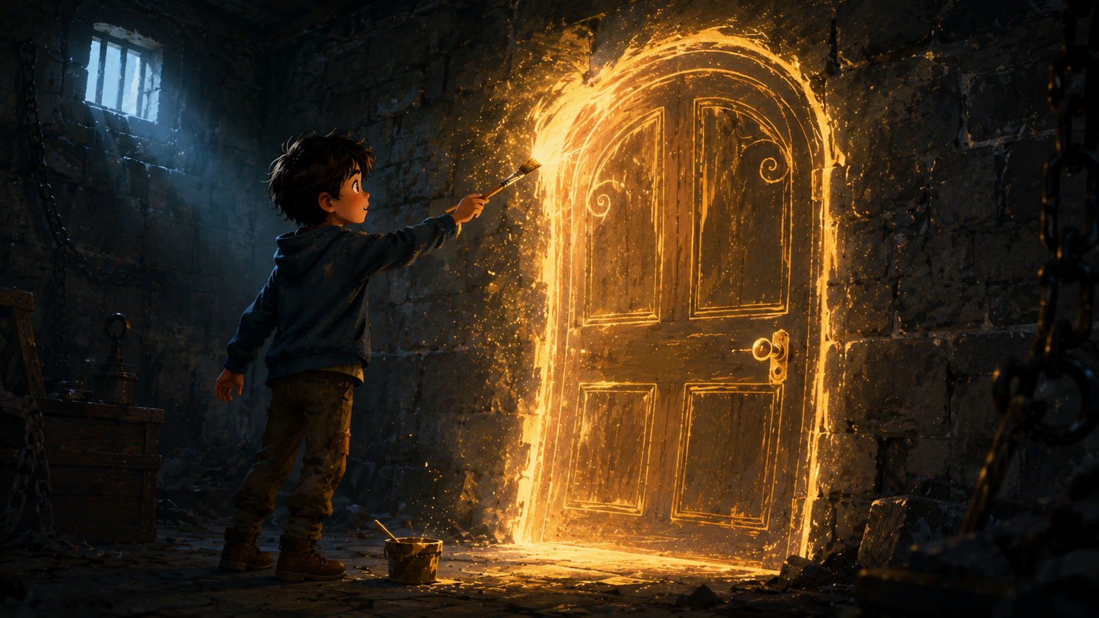 Sam painting an escape door on a stone prison wall