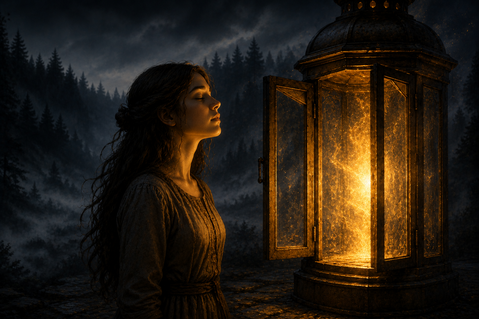 Vigil lantern glowing brightly as Selin gives up a memory to push back the Shadow Bloom