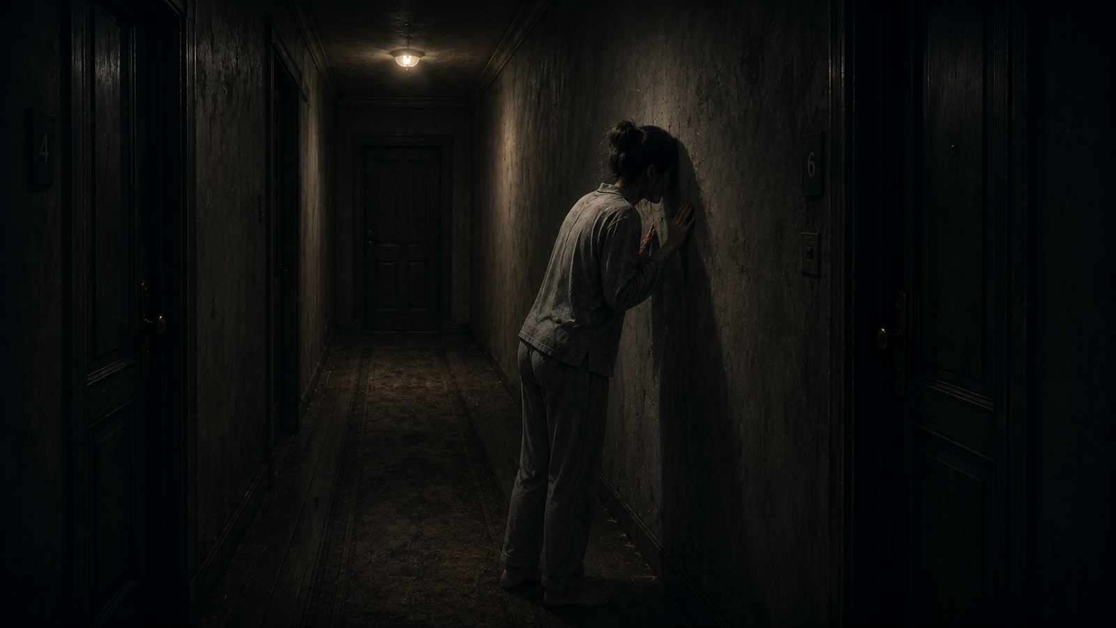 Layla pressing her ear against the wall listening for the mysterious knocking at 3:03 AM