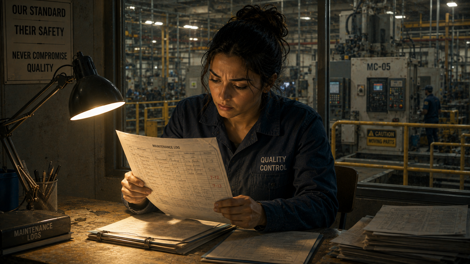 Aisha reviewing falsified safety inspection paperwork at the factory