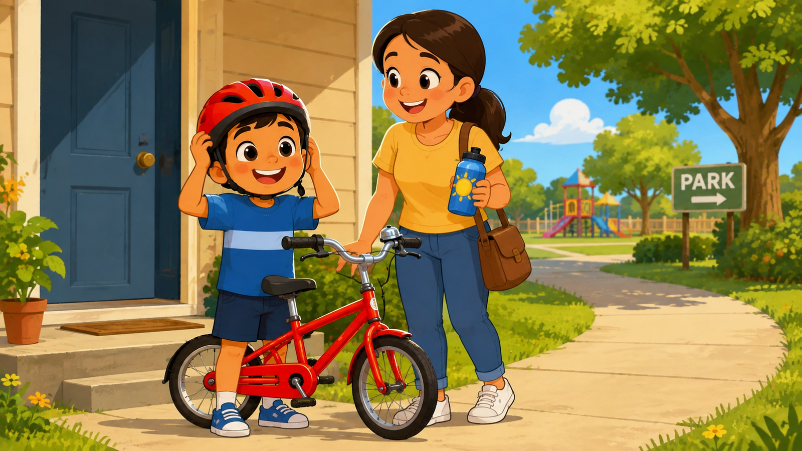 Ali wearing a helmet and holding his new red bike at the park