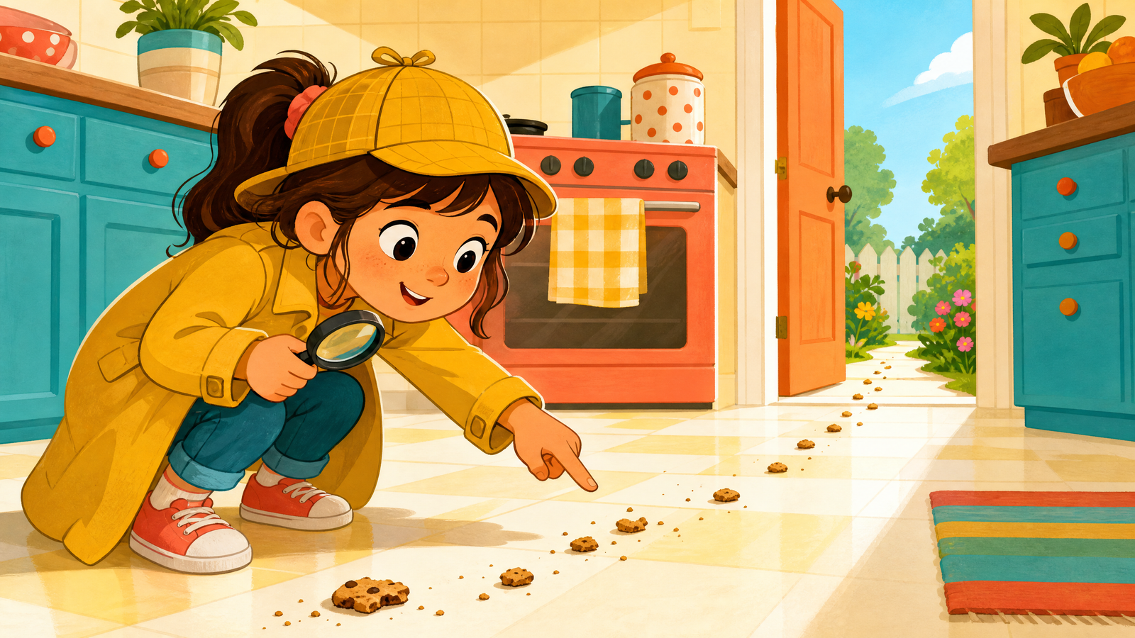 Amy looking closely at cookie crumbs on the kitchen counter