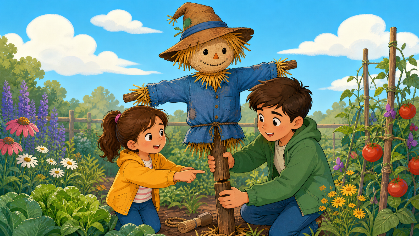 Ana and Sam standing in the early morning looking at the scarecrow facing a bedroom window