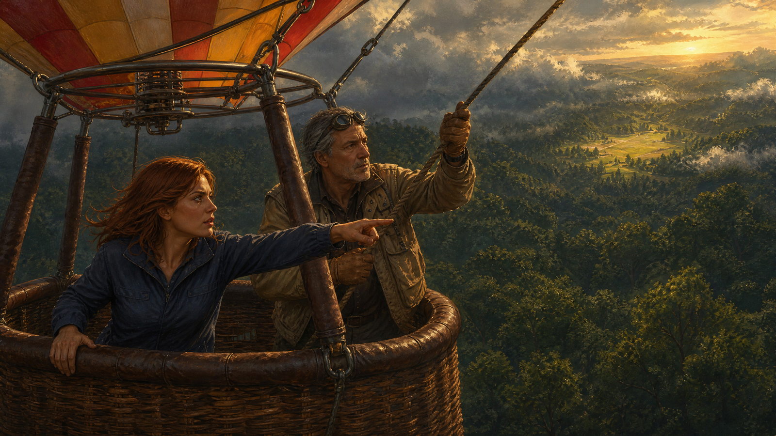 Noor and pilot working together to guide the balloon toward a clearing
