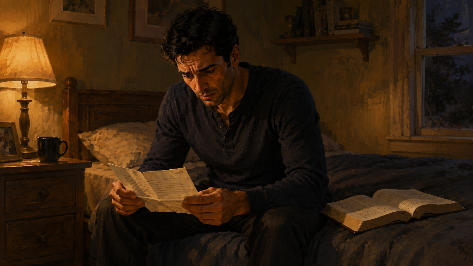 Bilal sitting on the bed holding a folded credit card statement he found in a book