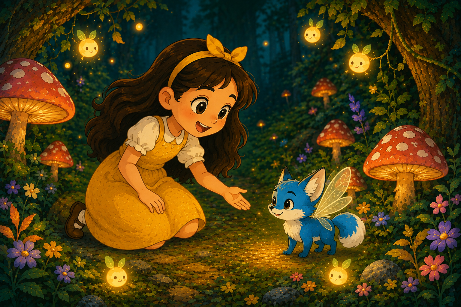 A small blue fox with wings named Ren speaking to tiny Mia in the magical forest