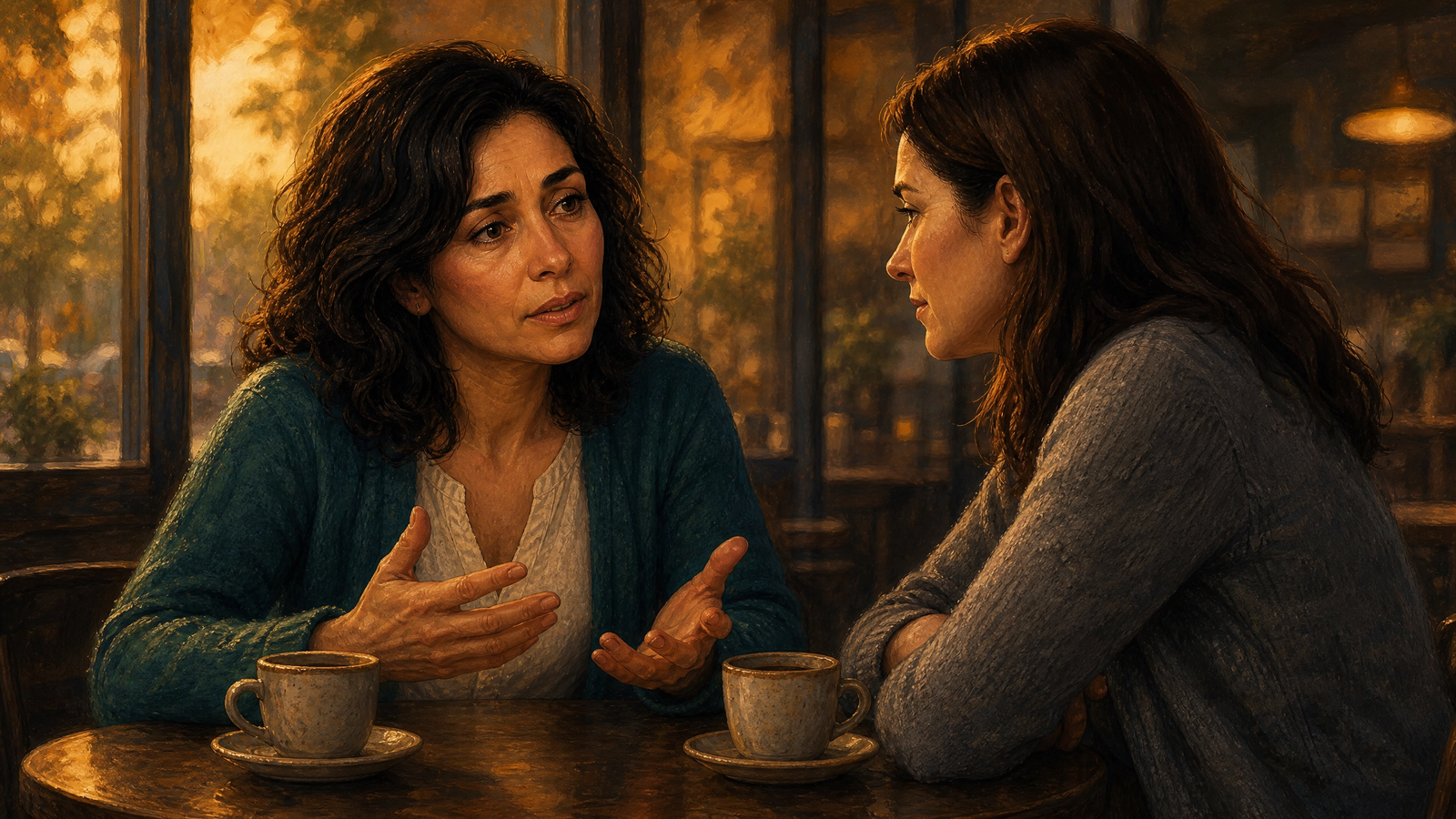 Dina reflecting quietly, feeling the weight of resentment and guilt as caregiver