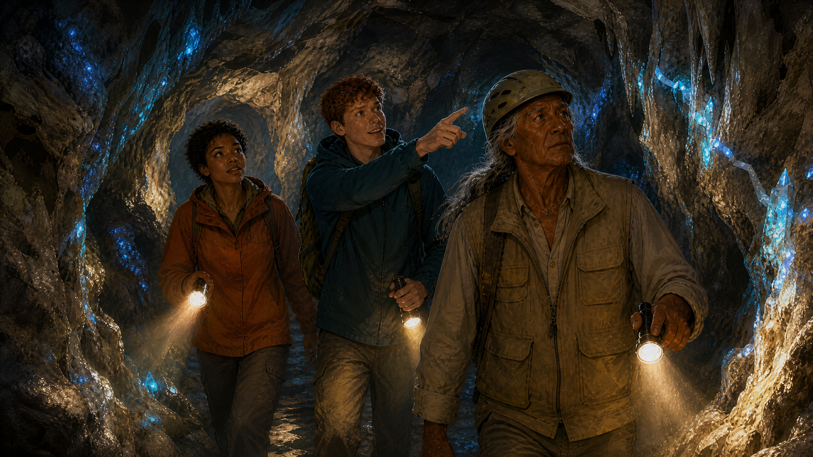 Reem and Karim exploring the underground cave passages with flashlights