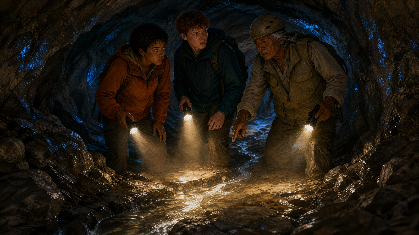 Thin trickle of water creeping across the tunnel floor as the group hurries back