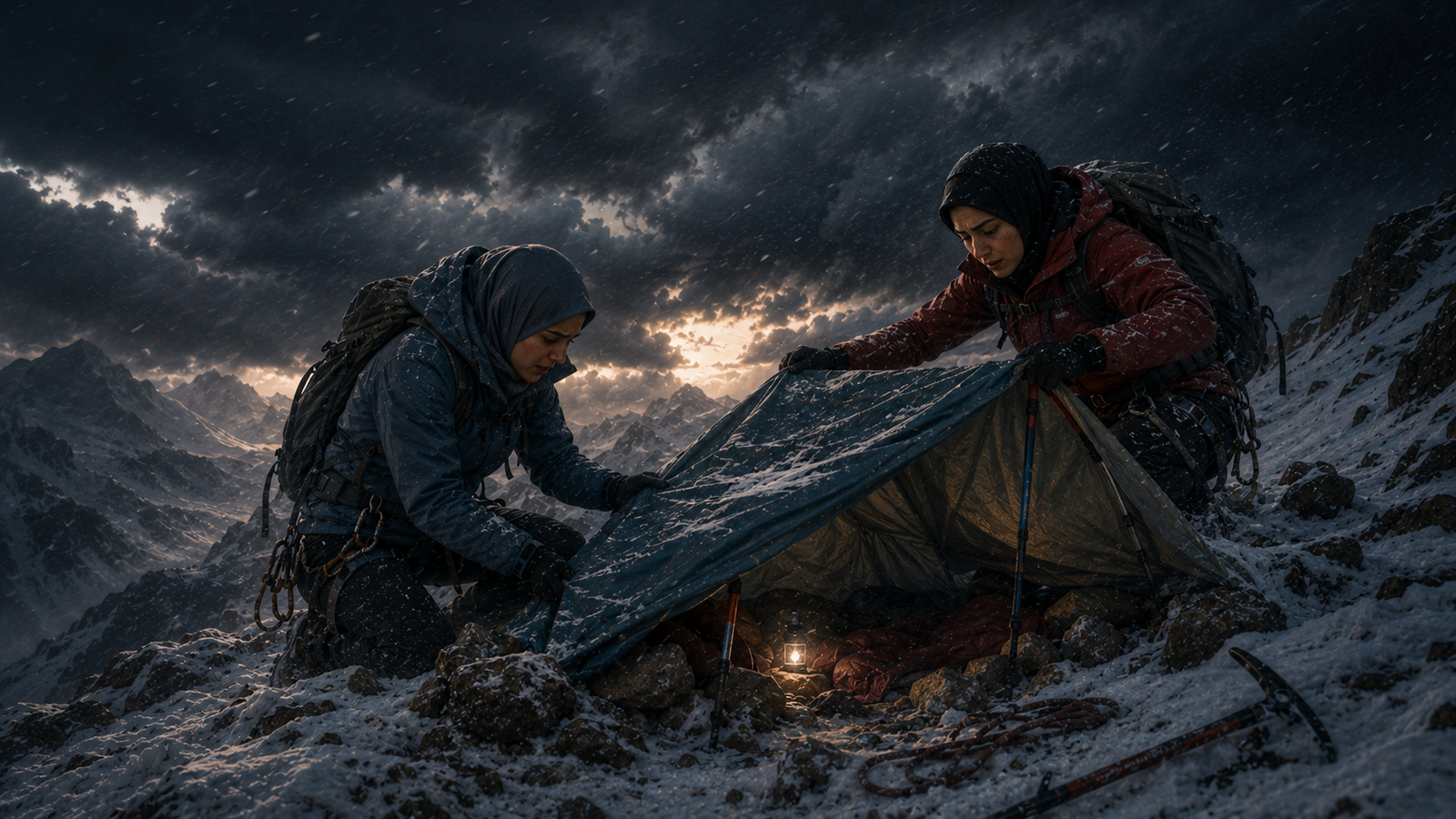 Two climbers building an emergency shelter during a mountain storm
