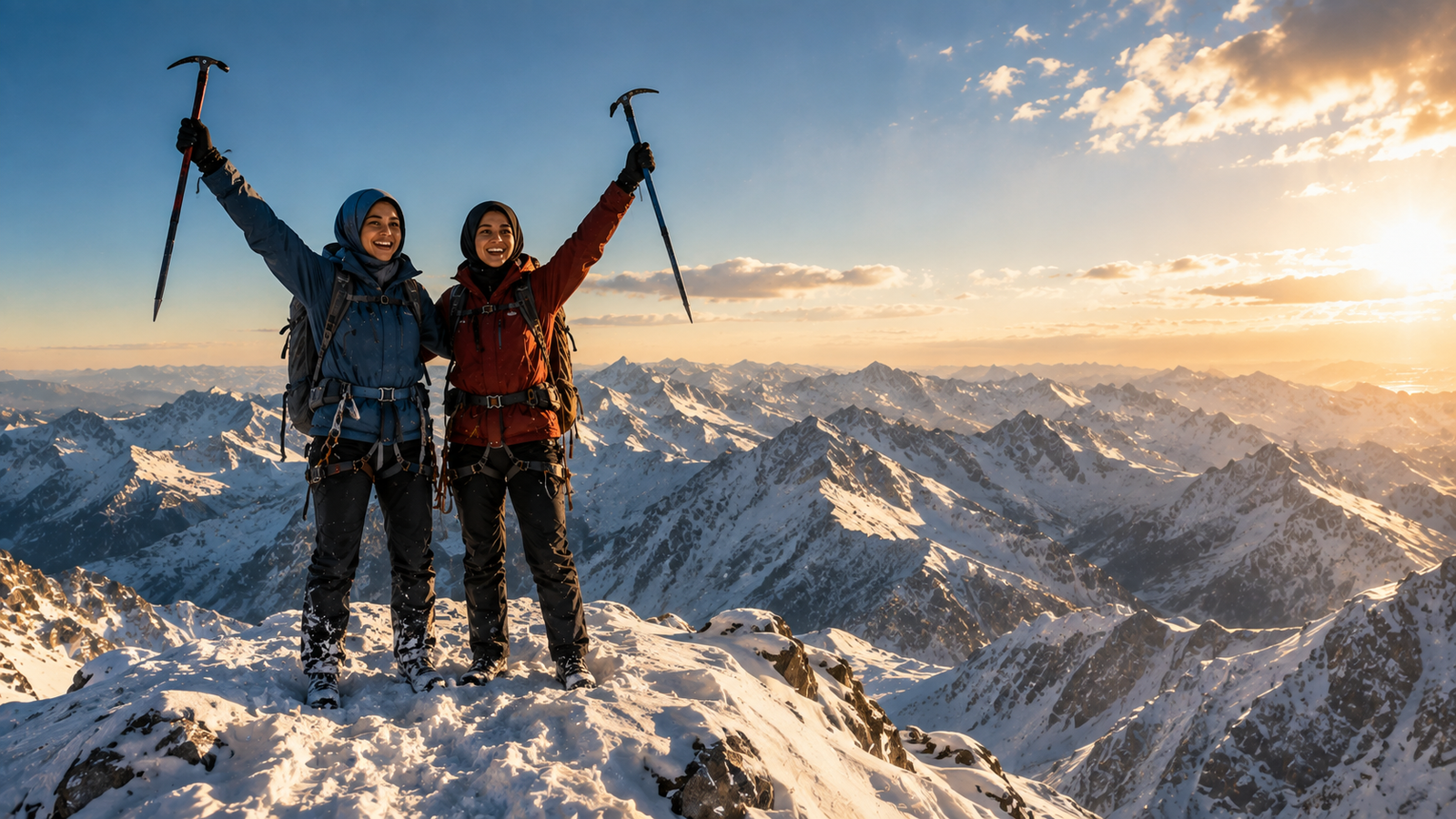 Guide and client celebrating on a snowy mountain summit at sunrise