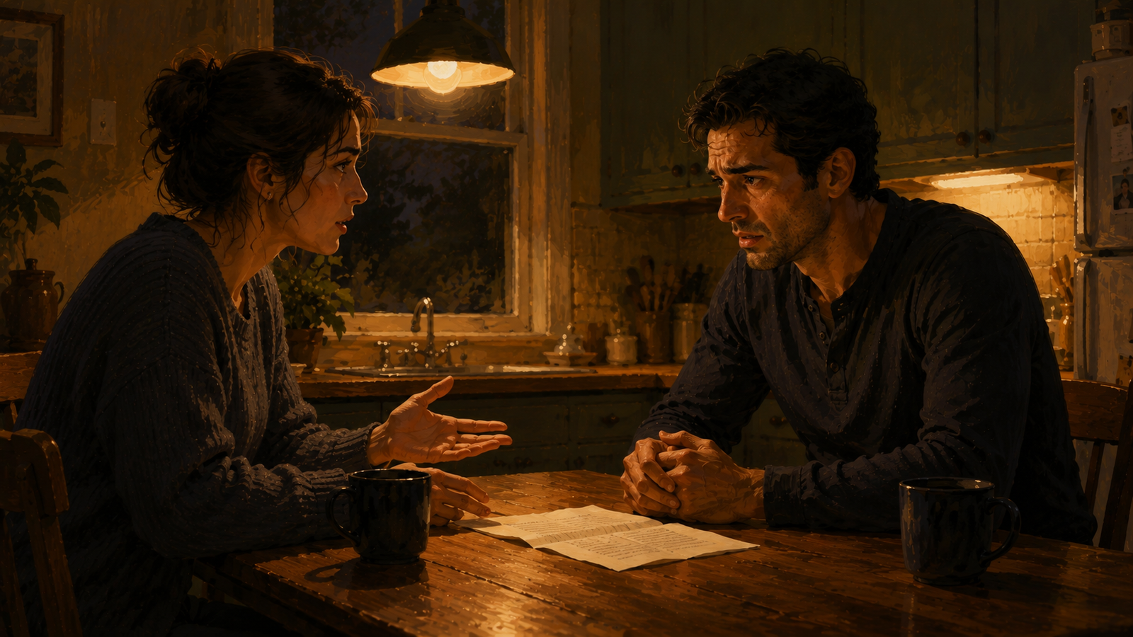Samar and Bilal sitting across the kitchen table during a tense conversation