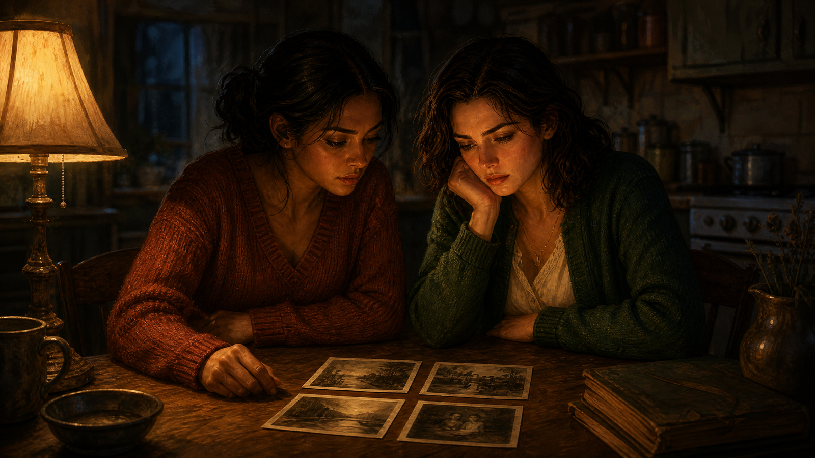 Nadia and her cousin Farah examining old family photographs on the kitchen table