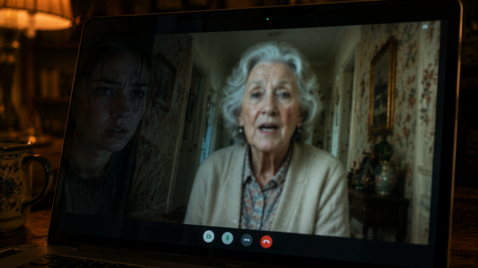 A delayed, unsettling expression on the grandmother's face during the video call