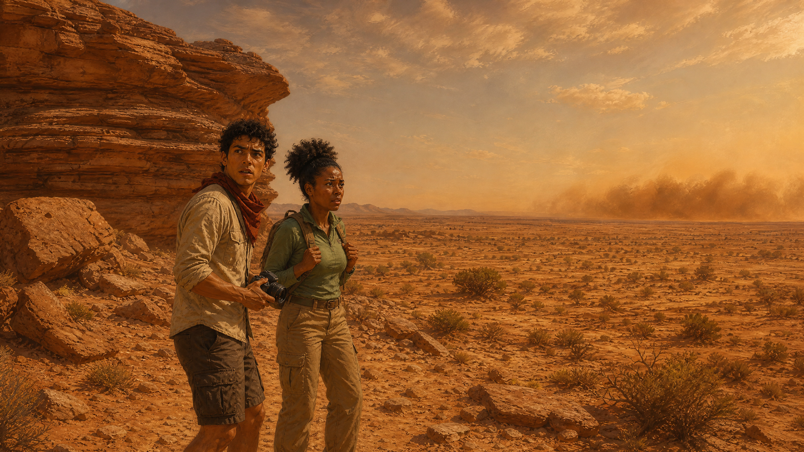 A brownish haze building along the desert horizon as Layla and Omar realize a sandstorm is approaching