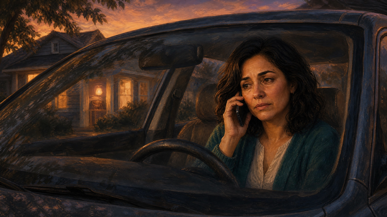 Dina sitting in her car outside her father's house, exhausted after a stressful phone call with her brother
