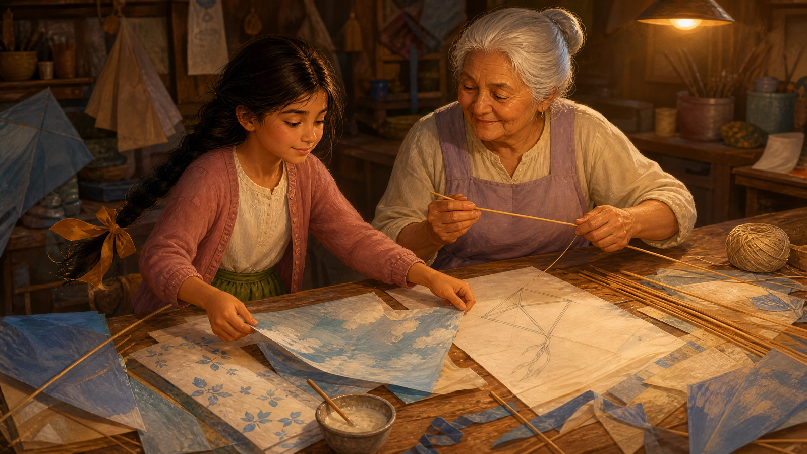 Dina and her grandmother building a blue diamond kite from bamboo and paper