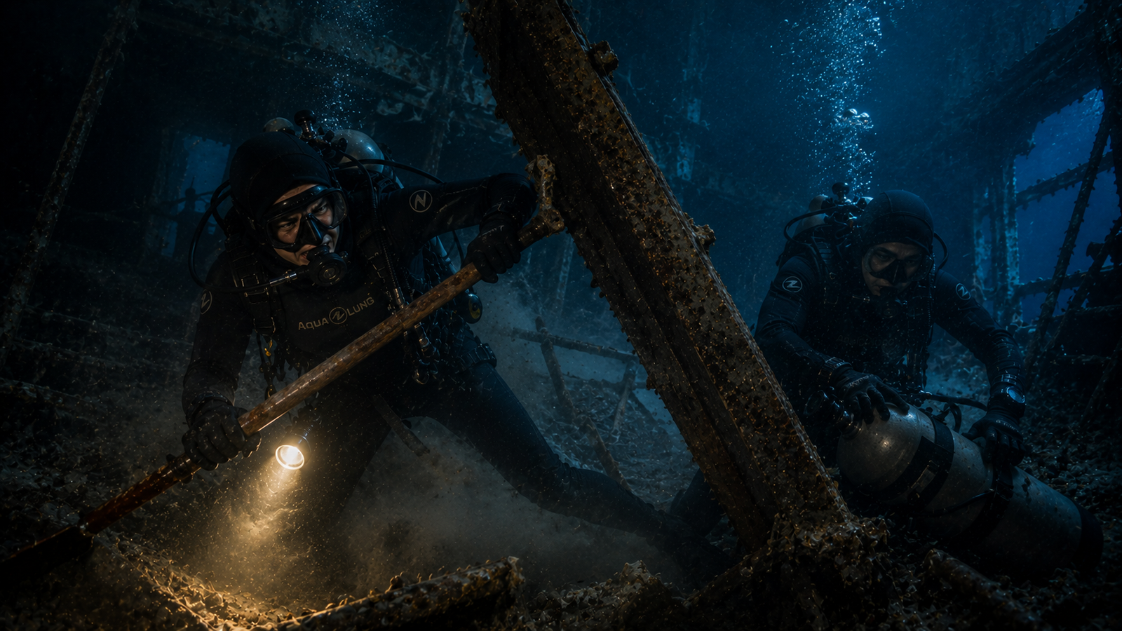 Sofia freeing Elias's tank using a makeshift lever underwater