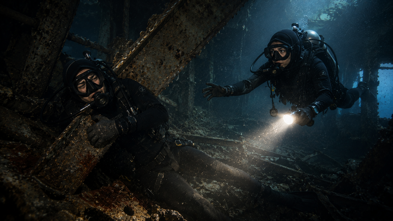 Elias trapped with his air tank pinned by a collapsed beam inside the sunken cargo hold