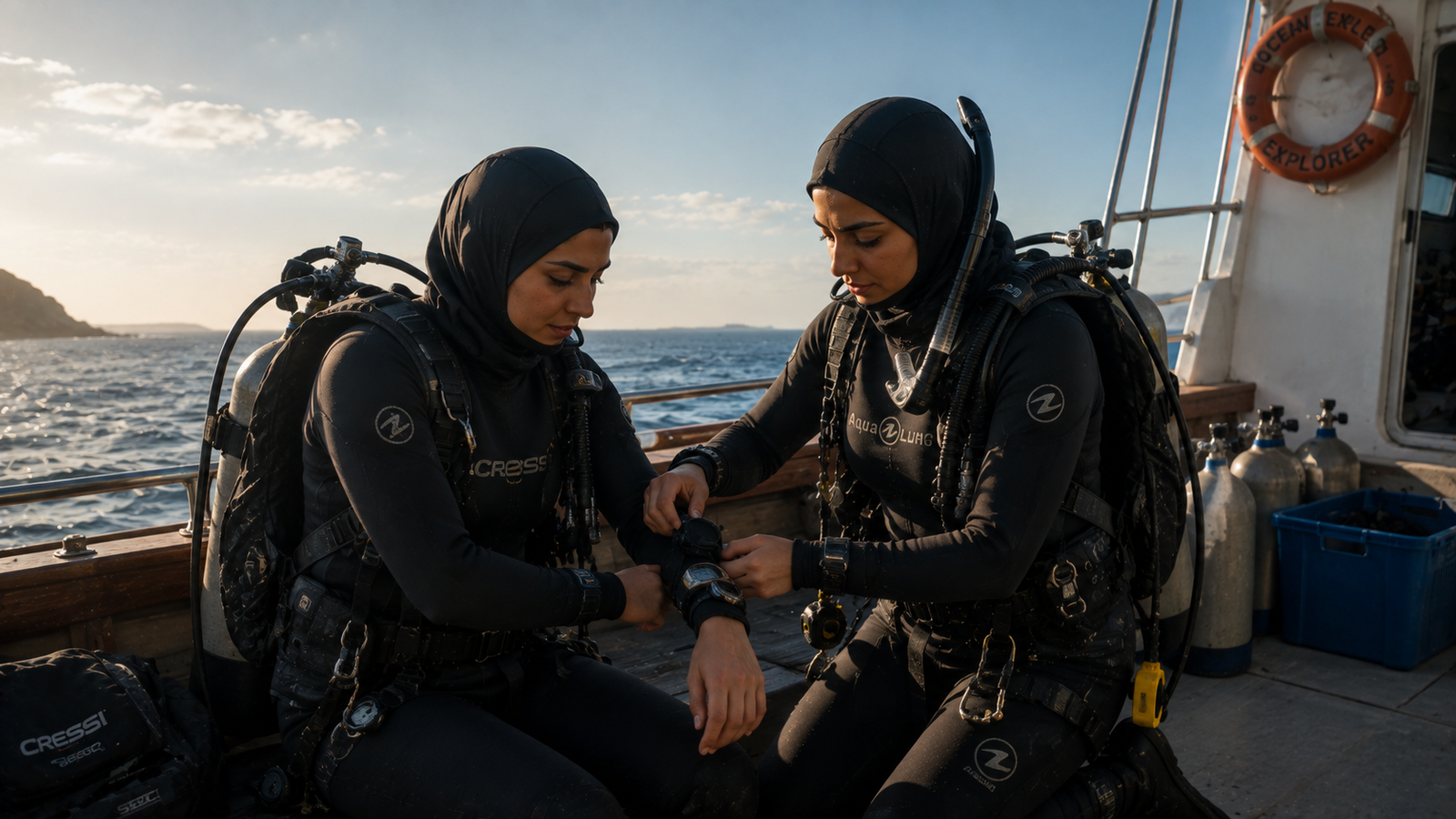 Sofia and Elias descending together into the wreck of the Meridian before the dive