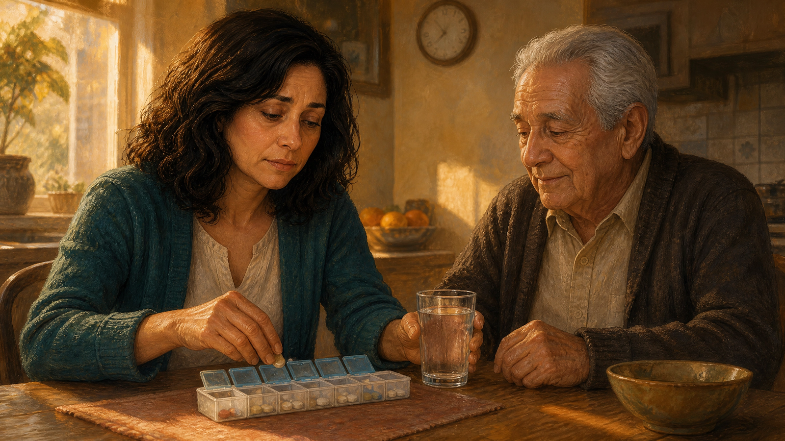 An elderly father standing confused near his home while his daughter cares for him alone