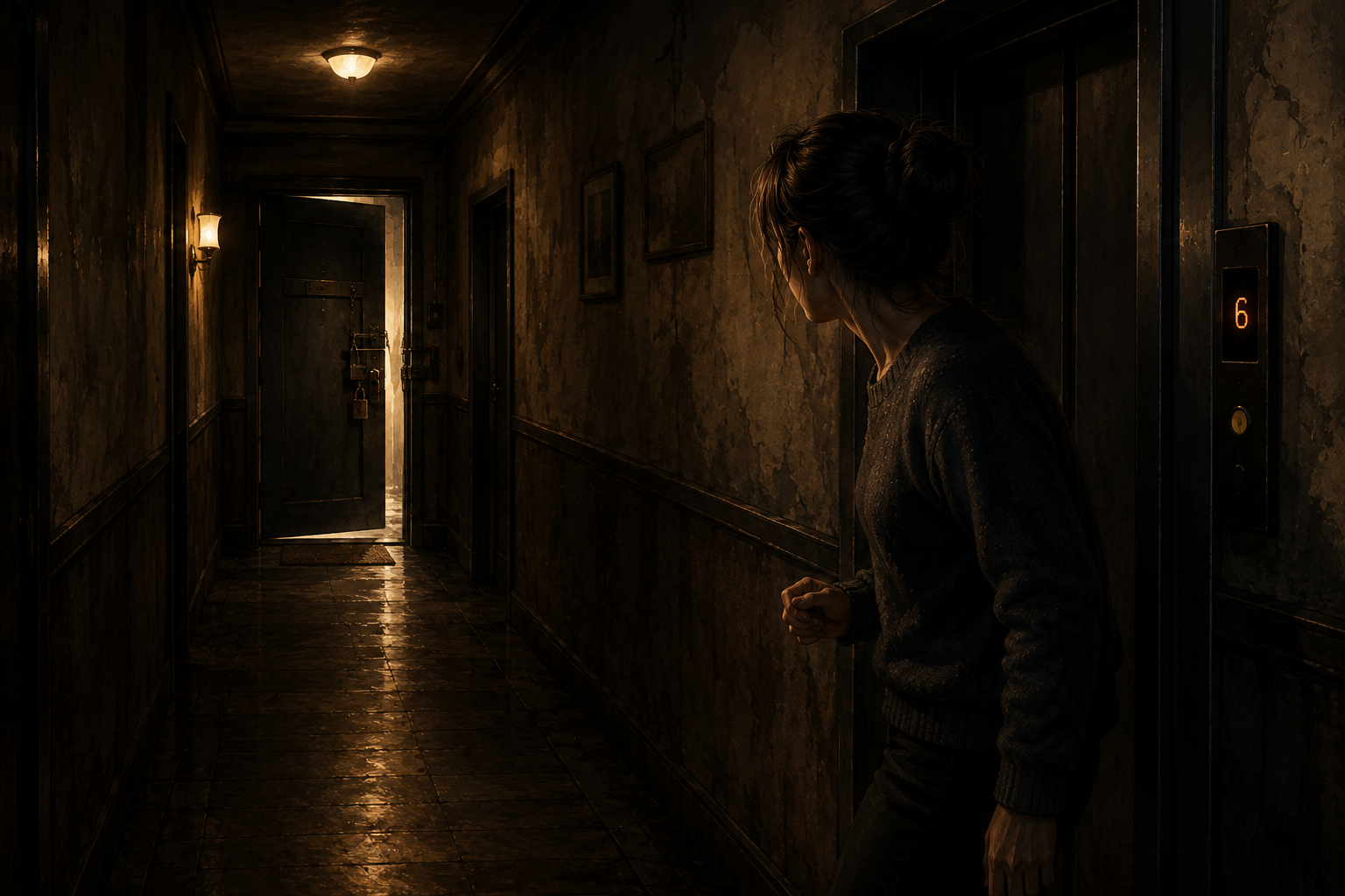 Emma standing nervously outside the locked storage door hearing strange sounds