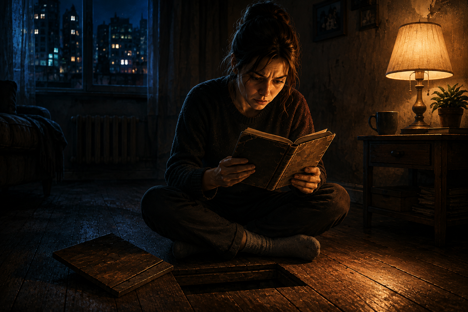 Emma reading Lena's hidden notebook by flashlight in apartment 4B
