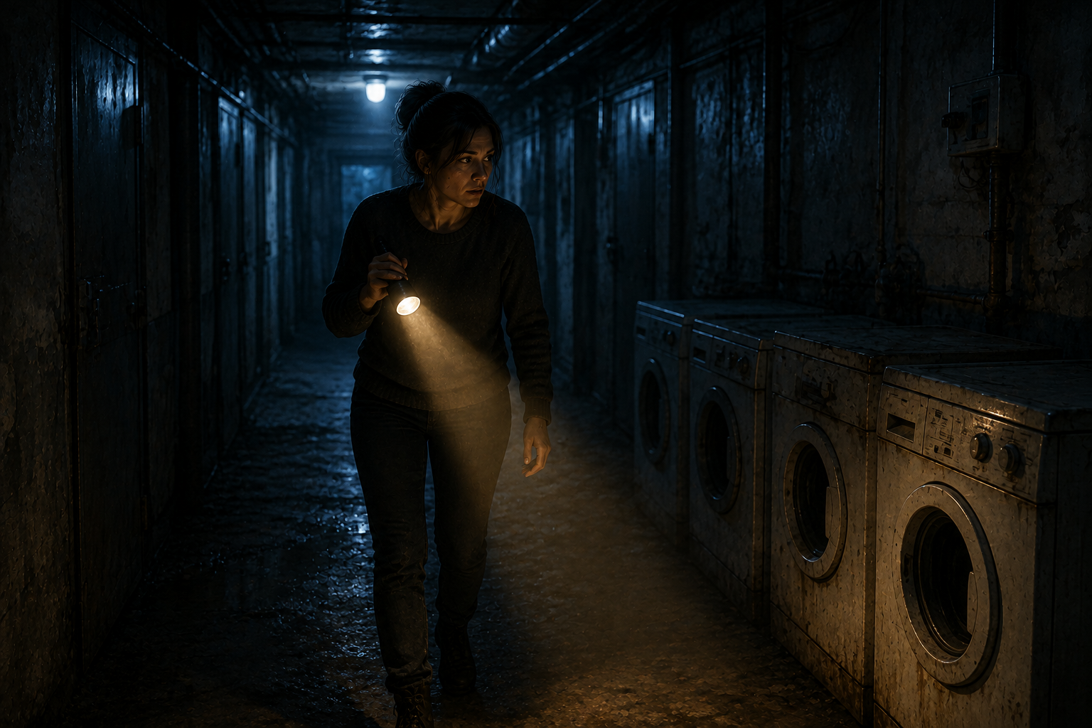 Emma walking through the dim basement hallway toward the storage units