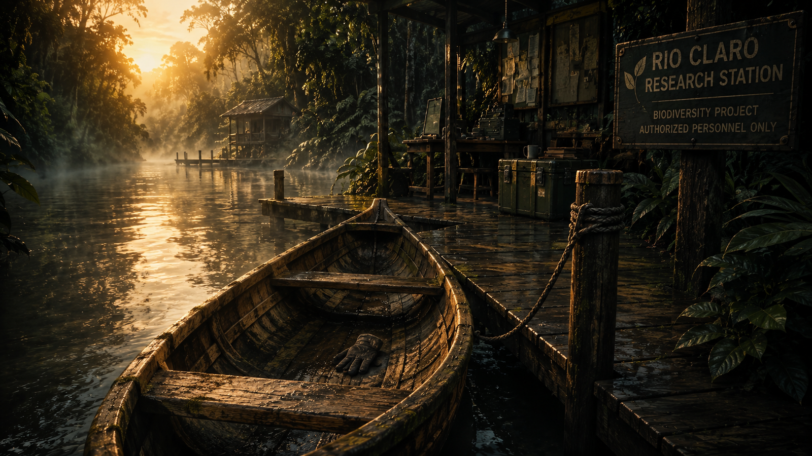 An empty canoe with faded paint drifted onto a river dock at dawn