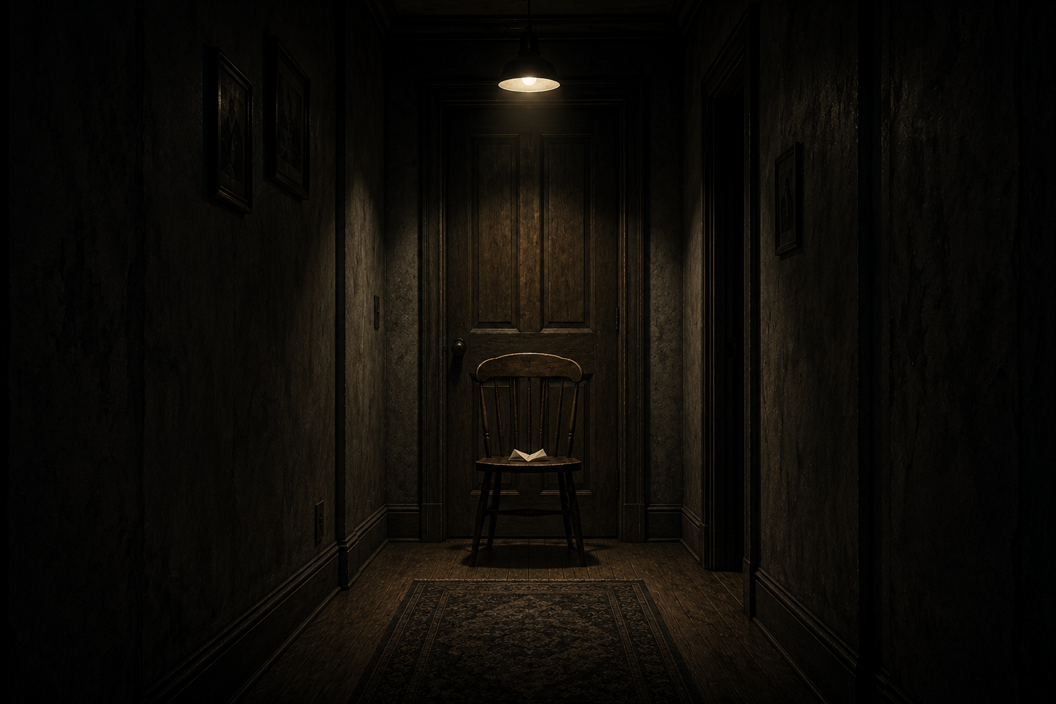An empty apartment hallway at night with a small wooden chair standing alone